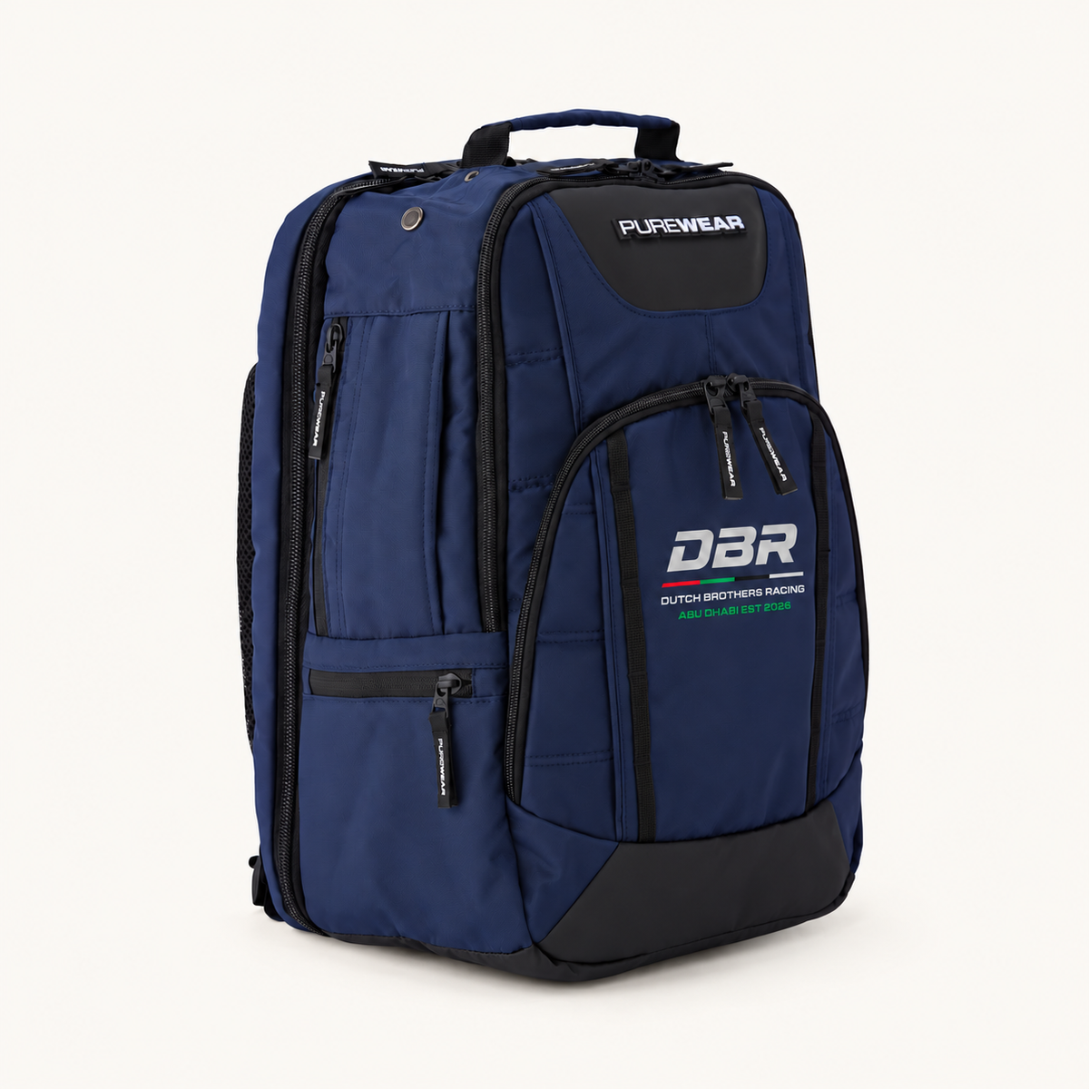 Dutch Brothers Racing backpack in navy, shown at a three-quarter angle with the side pocket and zip compartments visible.