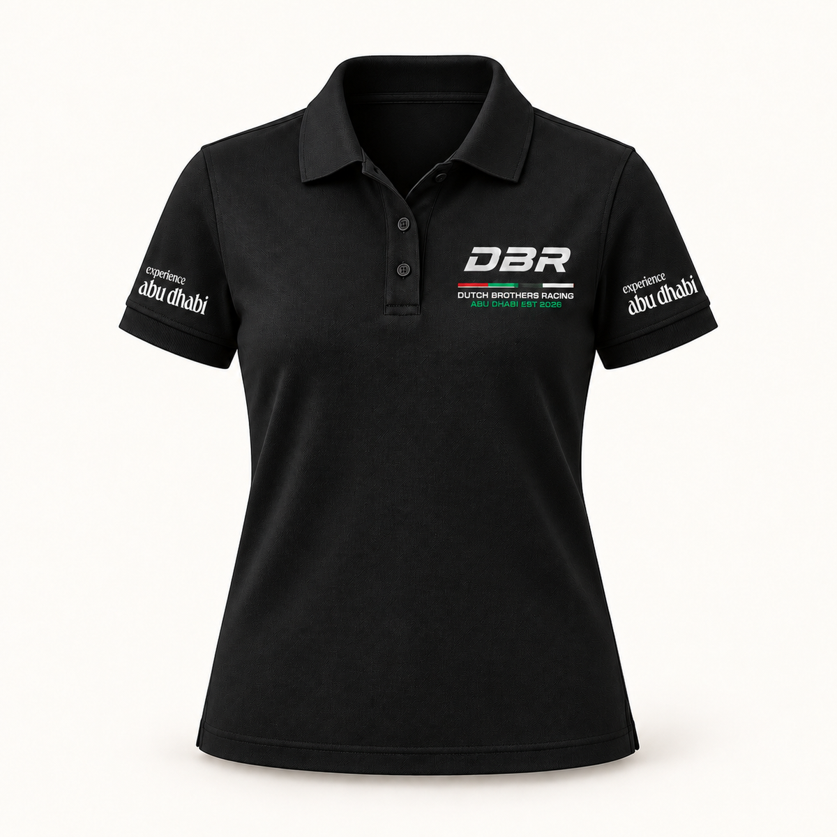 Dutch Brothers Racing women's team polo in black, with the DBR logo on the chest and Experience Abu Dhabi on both sleeves.