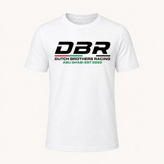 Dutch Brothers Racing tee in white, with the DBR logo printed large across the chest.