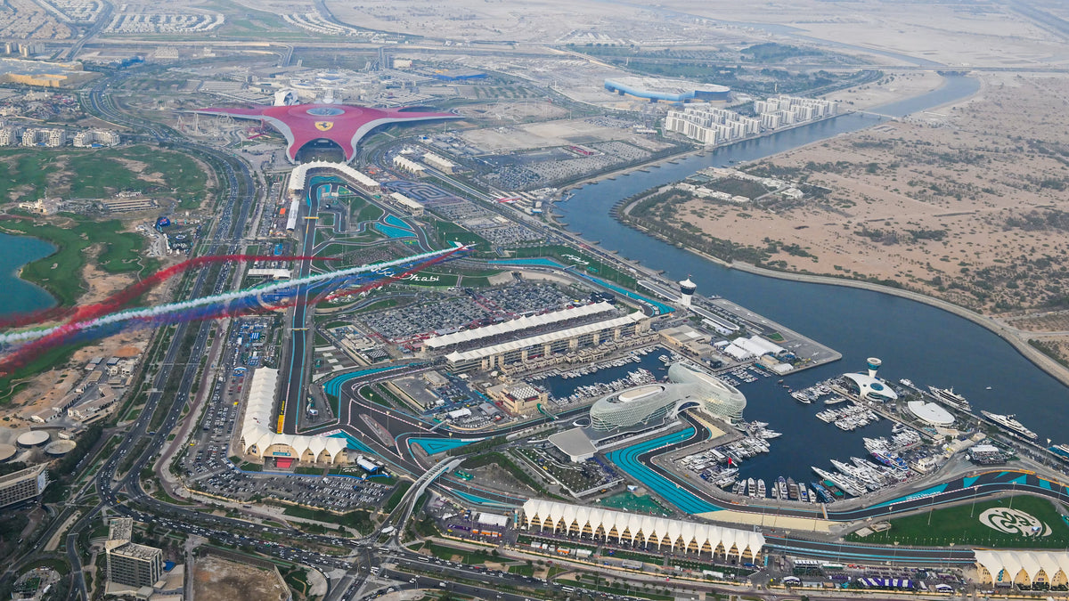 Aerial view of Yas Marina Circuit and the surrounding Yas Island in Abu Dhabi.