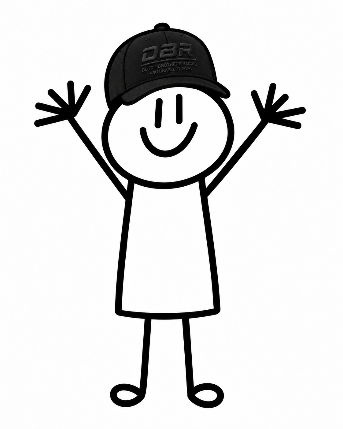 Alan VanderMolen drawn as a stick figure, arms thrown up in celebration, wearing a black DBR Founders Cap.
