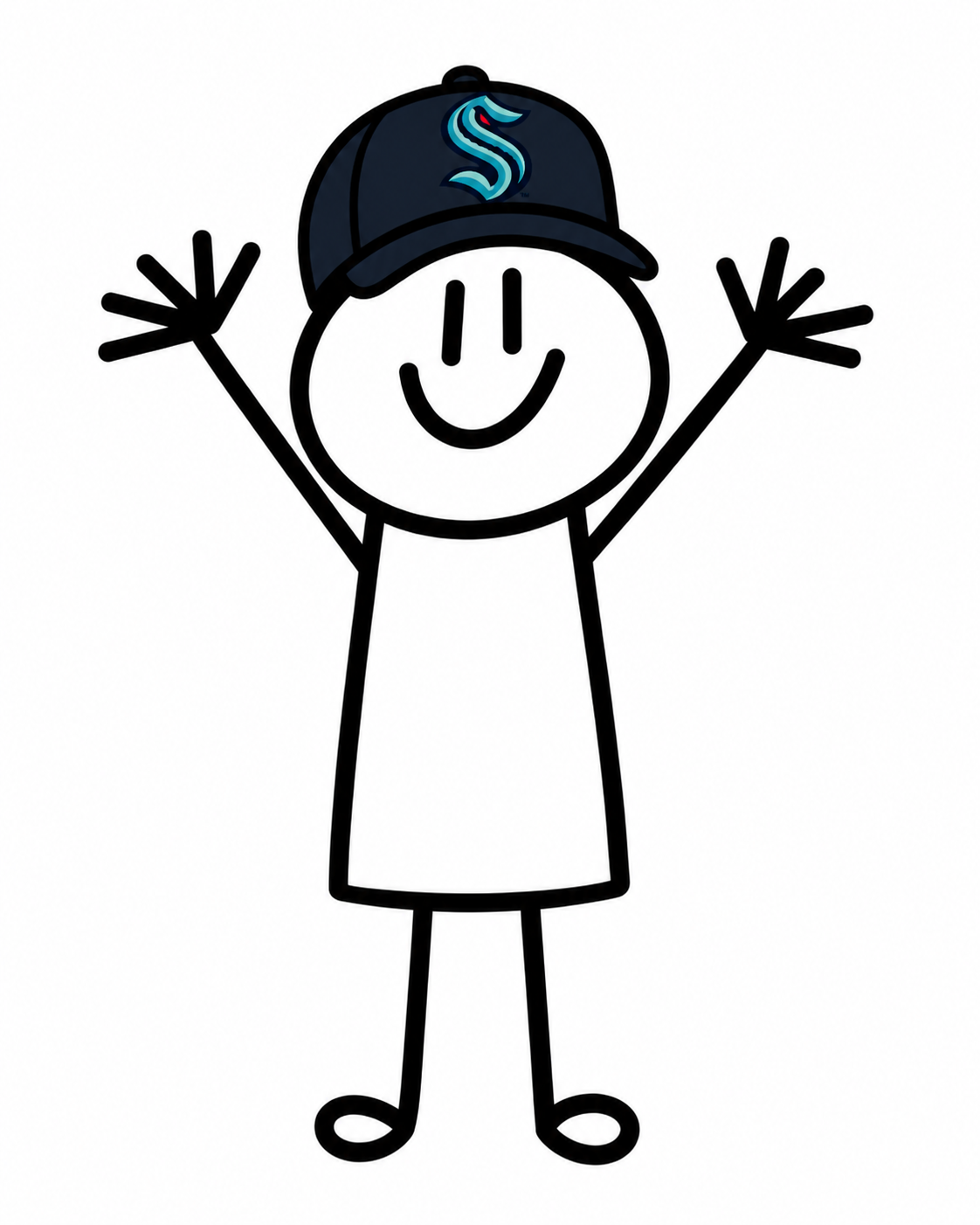 Alan VanderMolen drawn as a stick figure, arms raised, wearing a navy baseball cap with a light blue S logo.