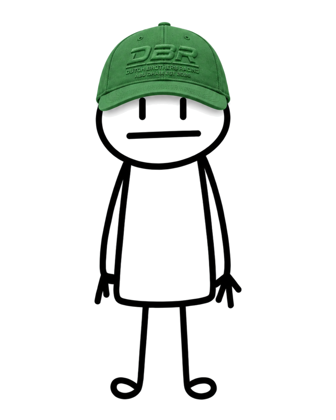 Andy Boux drawn as a stick figure with a flat, unimpressed expression, arms by his sides, wearing a green DBR Founders Cap.