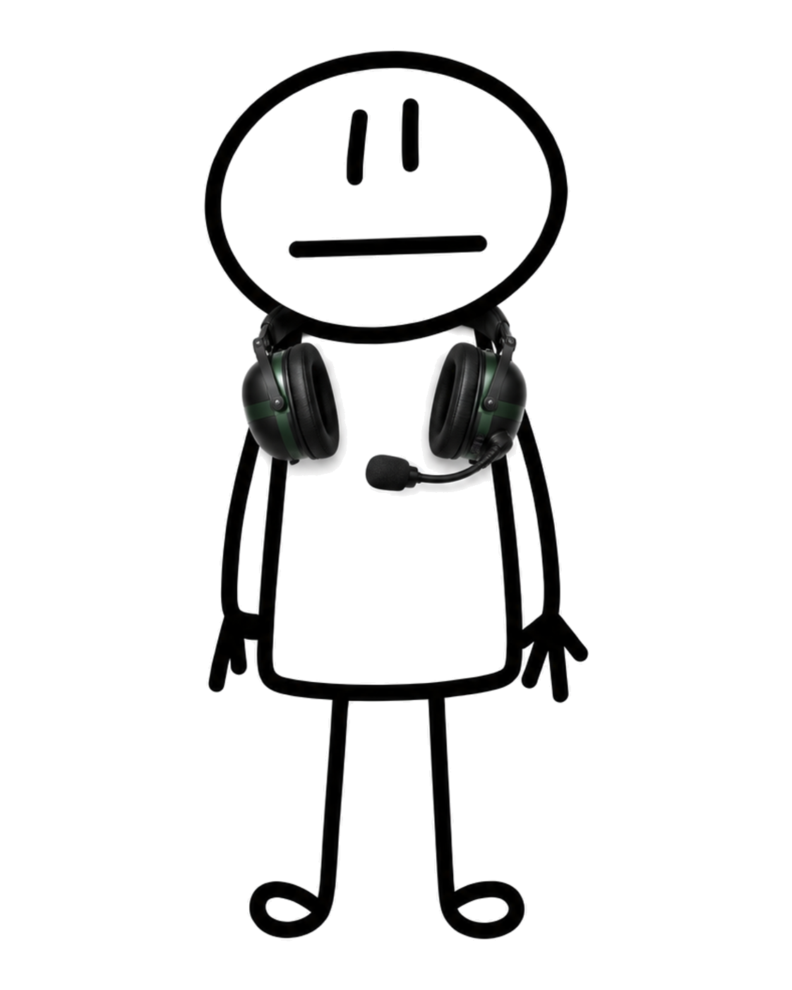 A stick figure wearing team radio headsets with a boom microphone, the Dutch Brothers Racing illustration for Andy Boux.