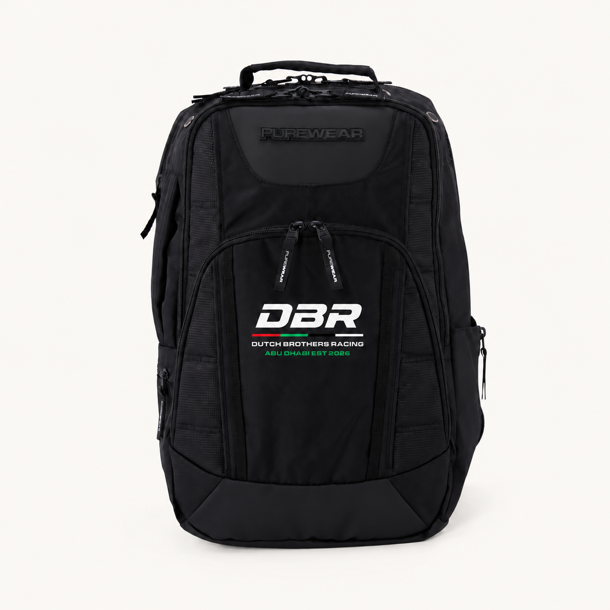 Dutch Brothers Racing backpack in black, with the DBR logo printed on the front panel, shown from the front.