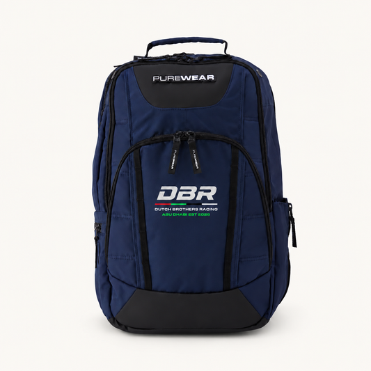 Dutch Brothers Racing backpack in navy, with the DBR logo printed on the front panel, shown from the front.