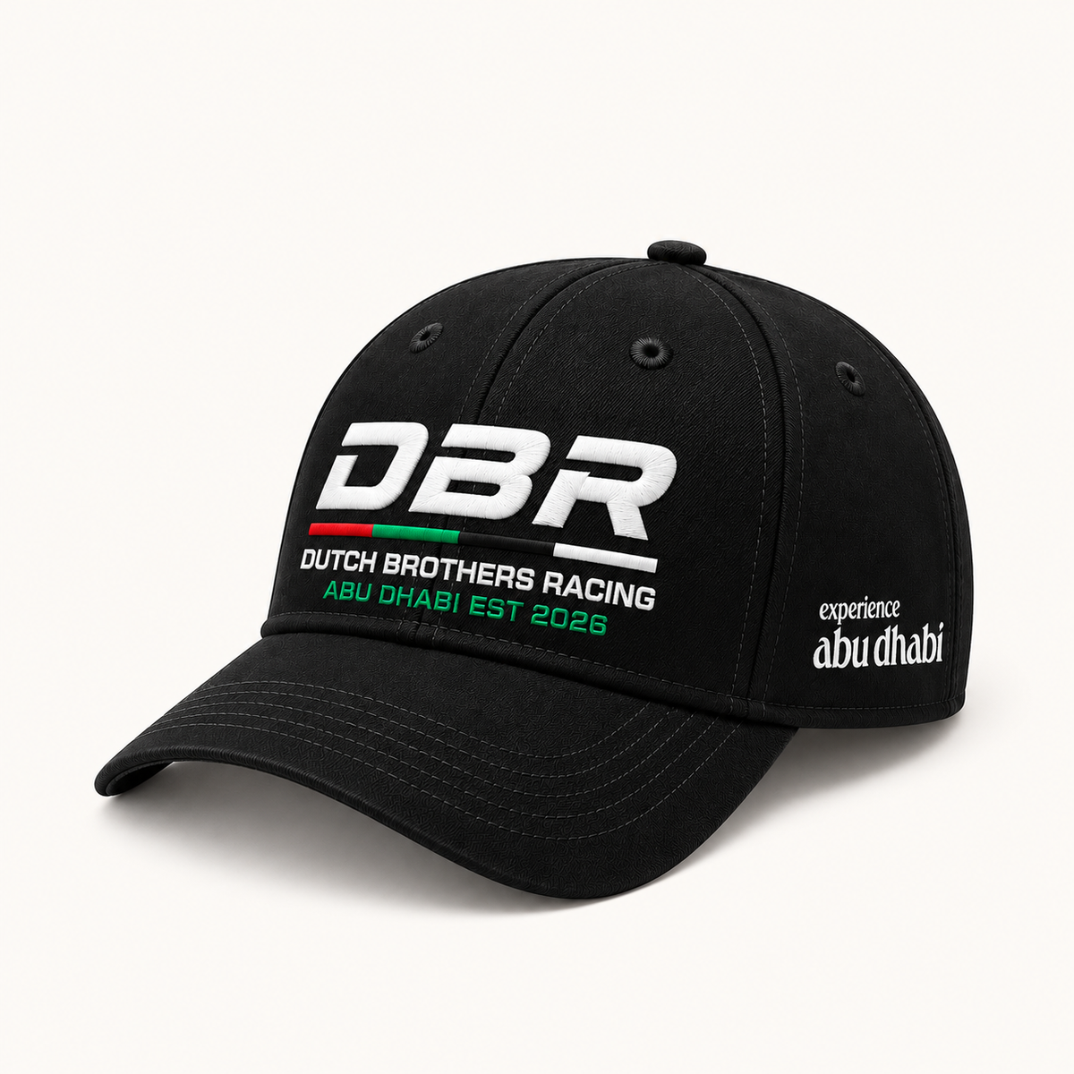 Dutch Brothers Racing baseball cap in black, with the DBR logo embroidered on the front and Experience Abu Dhabi on the side panel.