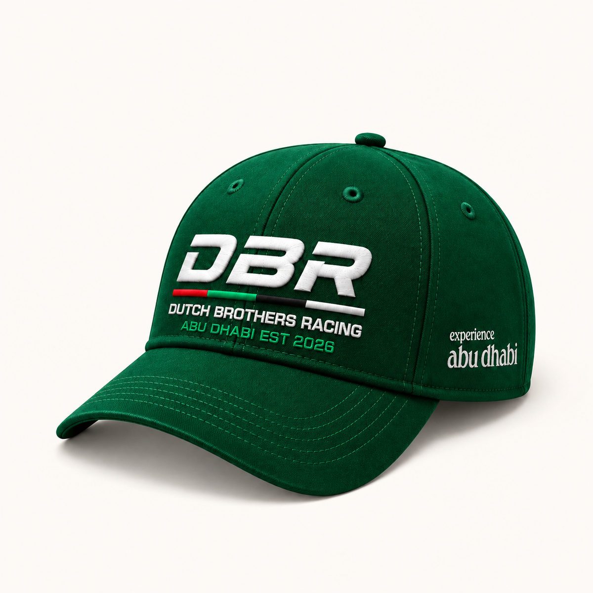 Dutch Brothers Racing baseball cap in green, with the DBR logo embroidered on the front and Experience Abu Dhabi on the side panel.