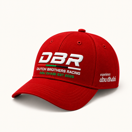 Dutch Brothers Racing baseball cap in red, with the DBR logo embroidered on the front and Experience Abu Dhabi on the side panel.