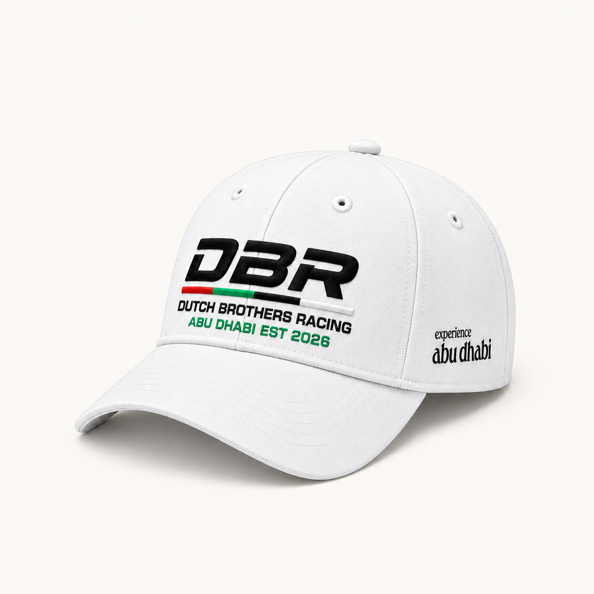 Dutch Brothers Racing baseball cap in white, with the DBR logo embroidered on the front and Experience Abu Dhabi on the side panel.
