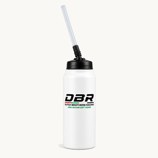 The Dutch Brothers Racing drinks bottle in white, with a black lid and a clear helmet straw, and the DBR logo printed on the front.