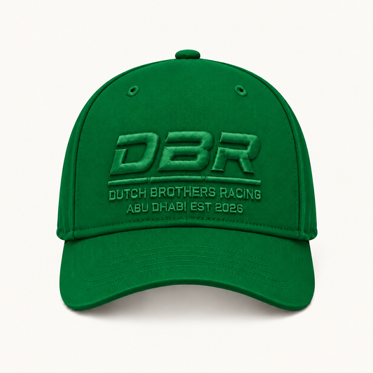 Dutch Brothers Racing Founders Cap in green, with tonal DBR embroidery on the front.