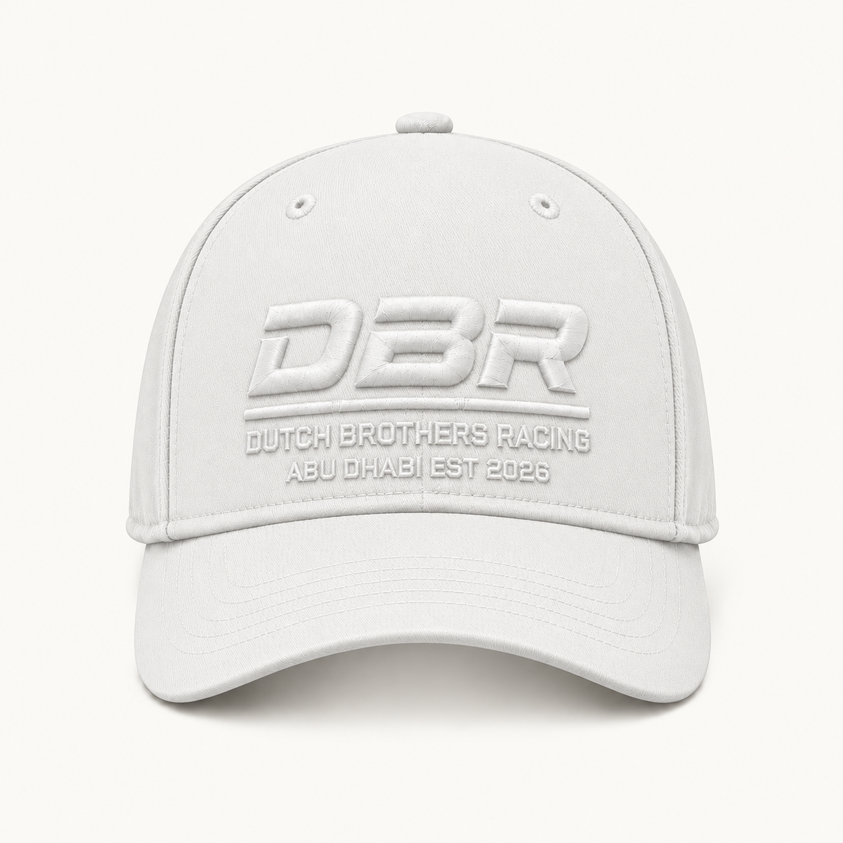 Dutch Brothers Racing Founders Cap in white, with tonal DBR embroidery on the front.