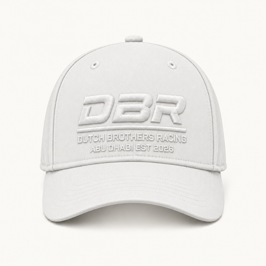 Dutch Brothers Racing Founders Cap in white, with tonal DBR embroidery on the front.