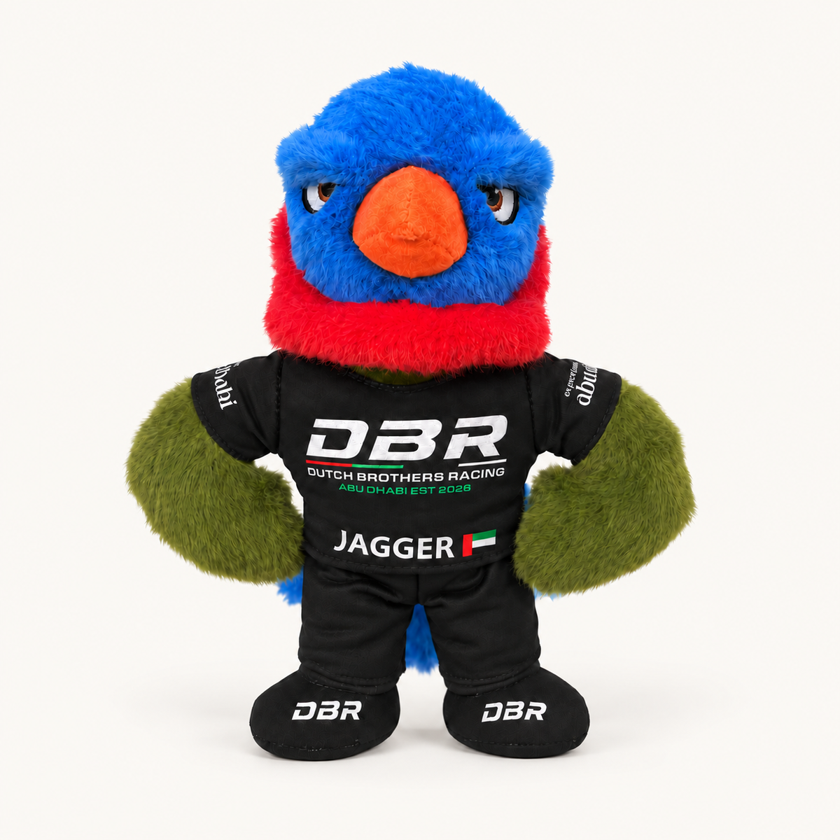 Jagger, the Dutch Brothers Racing mascot, a blue and red plush parrot in a black DBR race suit, shown from the front.