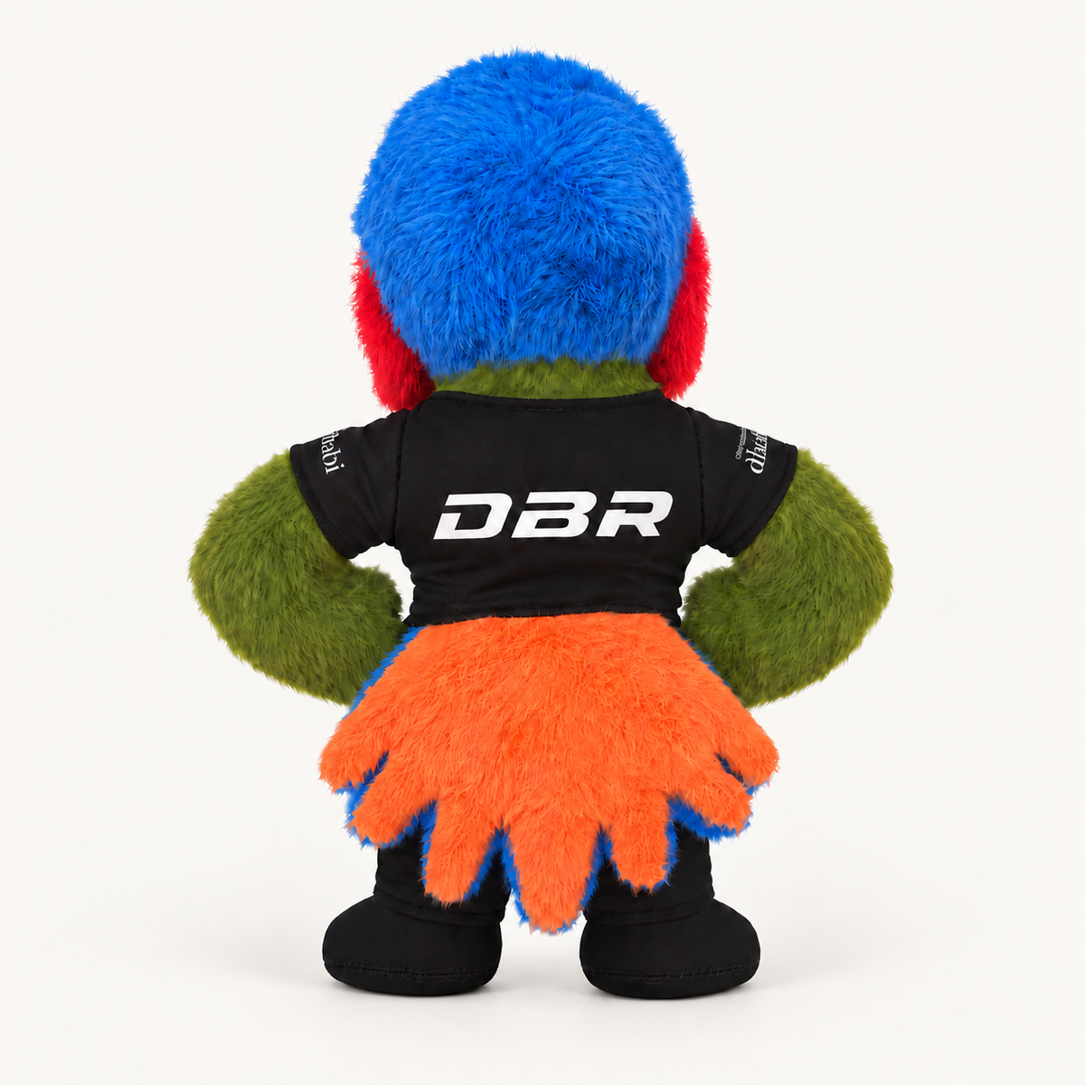 Jagger, the Dutch Brothers Racing mascot, shown from behind with the DBR logo across the back of the race suit and orange tail feathers.