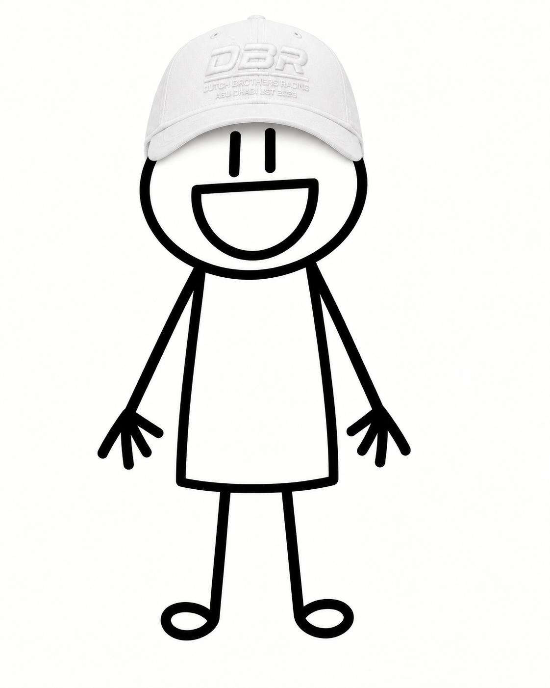 Jon de Jager drawn as a stick figure, grinning widely, wearing a white DBR Founders Cap.