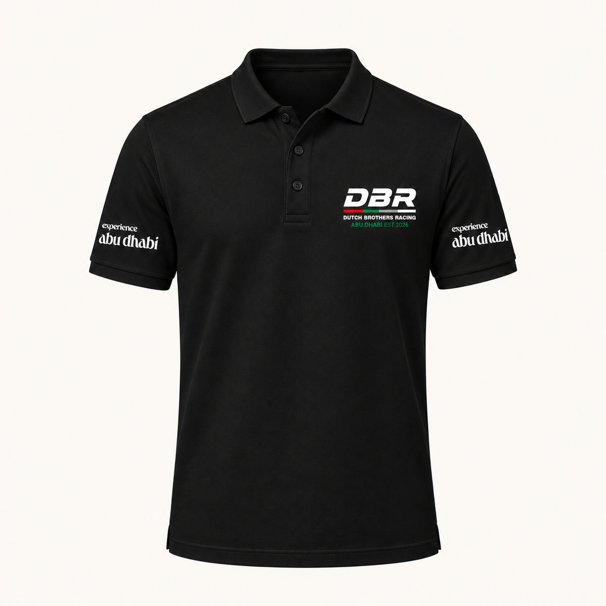 Dutch Brothers Racing team polo in black, with the DBR logo on the chest and Experience Abu Dhabi on both sleeves.