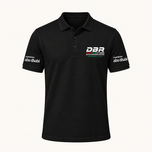 Dutch Brothers Racing team polo in black, with the DBR logo on the chest and Experience Abu Dhabi on both sleeves.