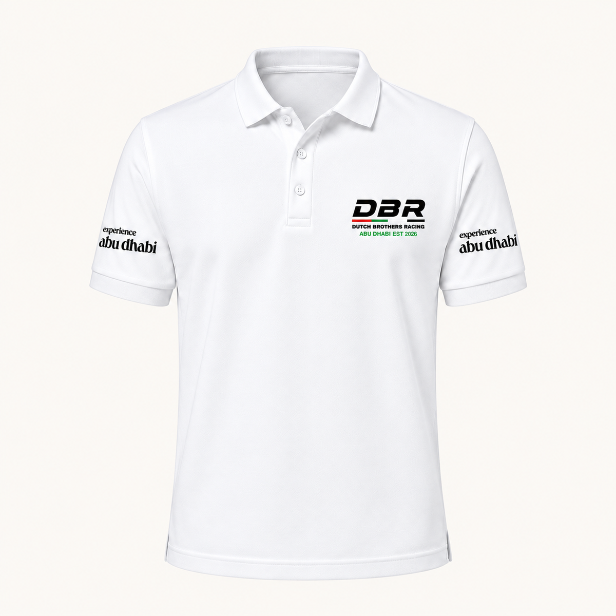 Dutch Brothers Racing team polo in white, with the DBR logo on the chest and Experience Abu Dhabi on both sleeves.
