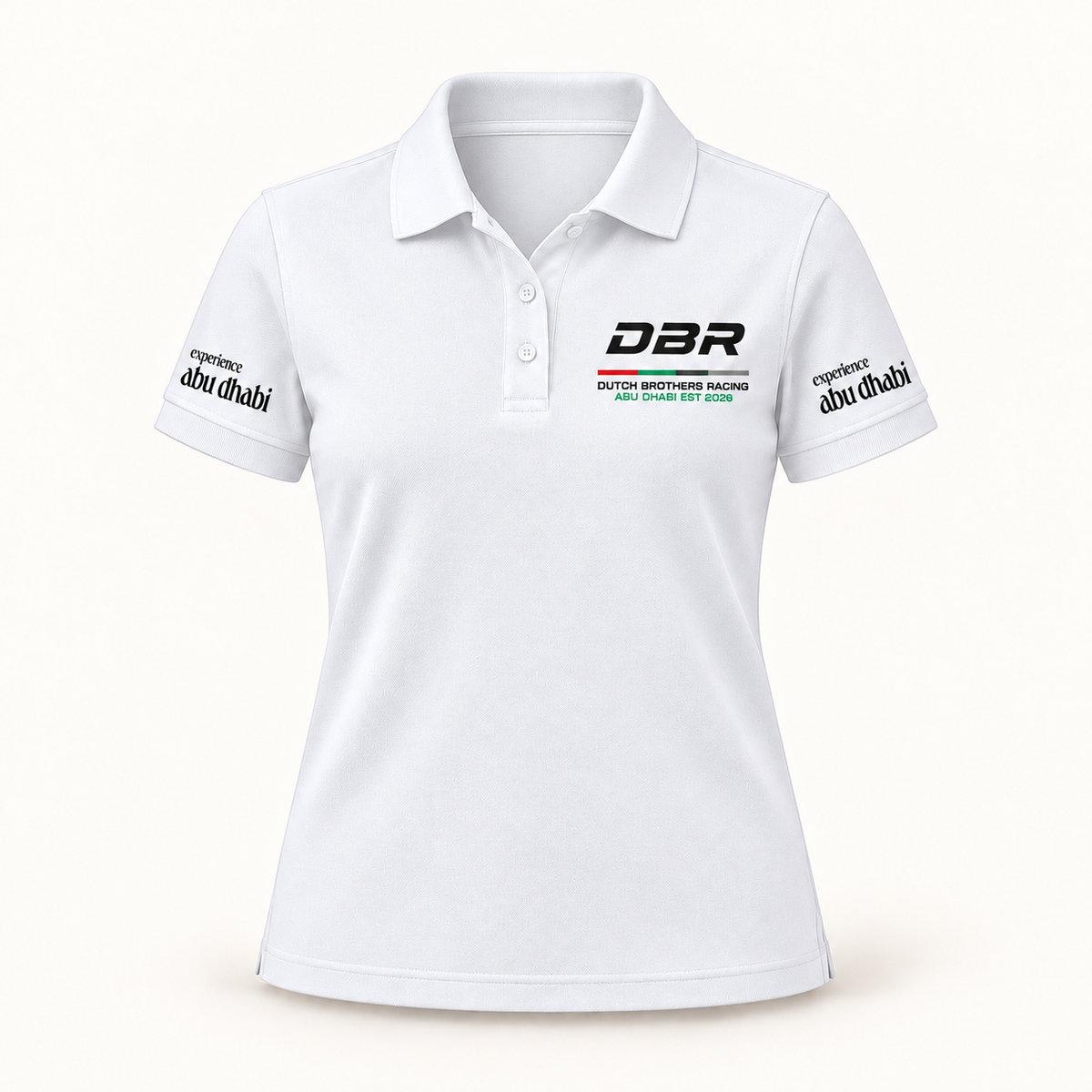 Dutch Brothers Racing women's team polo in white, with the DBR logo on the chest and Experience Abu Dhabi on both sleeves.