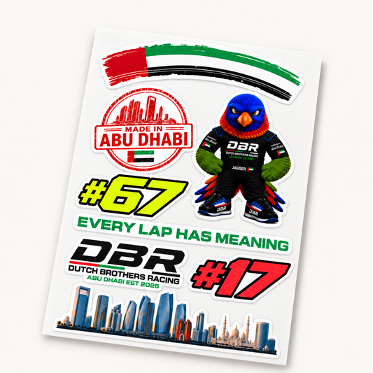 Dutch Brothers Racing sticker sheet with the UAE flag, a Made in Abu Dhabi roundel, Jagger the team mascot in a race suit, race numbers 67 and 17, Every Lap Has Meaning, the DBR logo and the Abu Dhabi skyline.