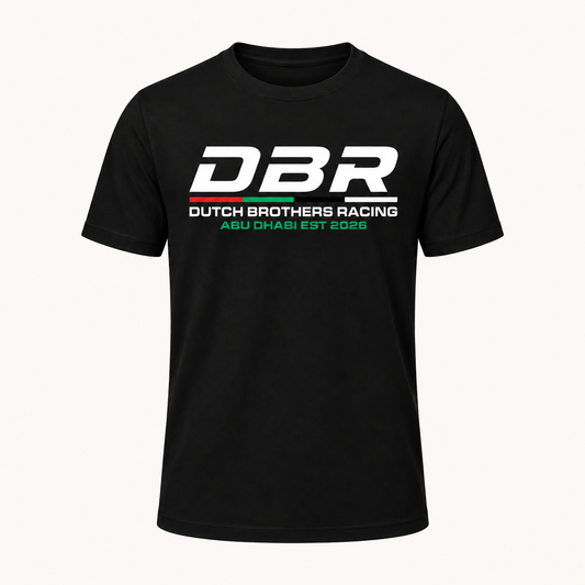 Dutch Brothers Racing tee in black, with the DBR logo printed large across the chest.