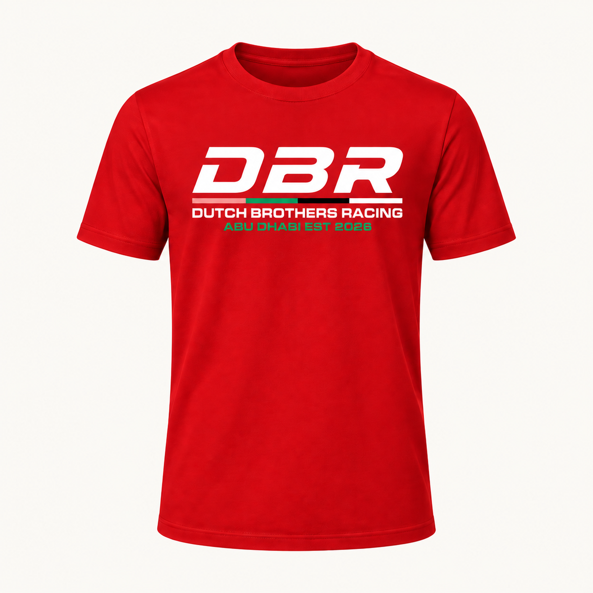 Dutch Brothers Racing tee in red, with the DBR logo printed large across the chest.